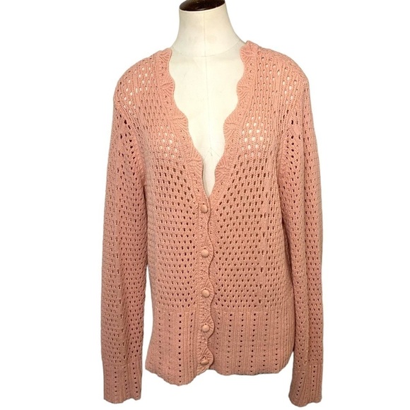 Marled Pink Crochet Knit Cardigan Sweater Scallop Trim Sz L Cottage Boho - Picture 1 of 9